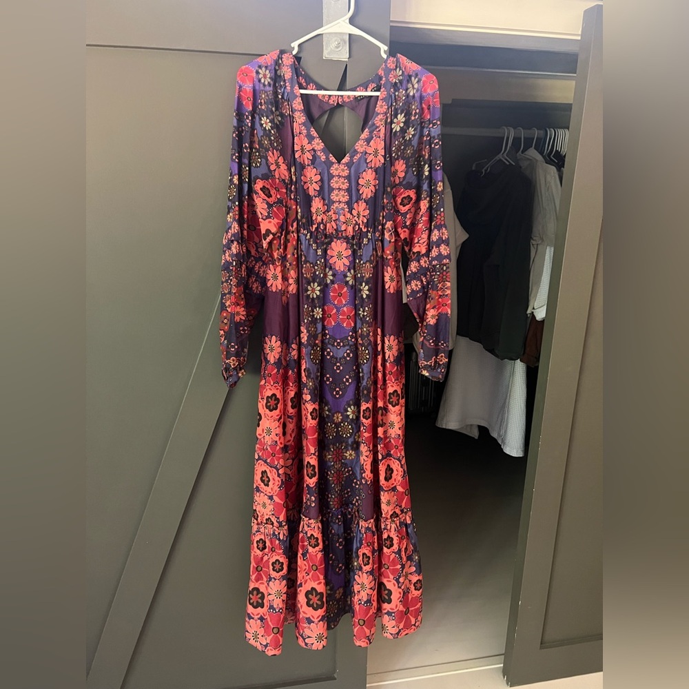 Caballero Boho Floral V-Neck Maxi Dress in Burgundy and Coral